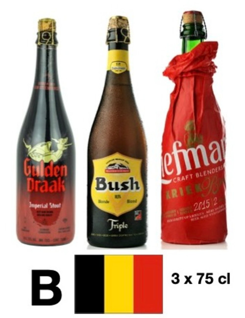 Belgisches Bierpaket mit 3 Bieren in den Farben der belgischen Flagge (schwarz, gelb, rot)