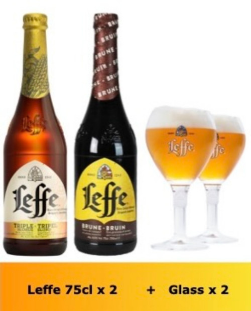 Leffe Bierkasten mit 2 Leffe Bieren von 75cl und 2 Leffe Gläsern von 25cl