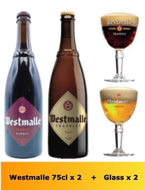 Coffret Westmalle contenant 2 bières Westmalle de 75cl et 2 verres Westmalle de 25cl