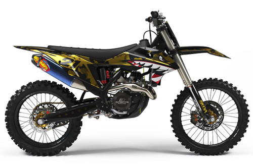 BOMBER CHROME Gold KTM Full Graphics Kit designed and manufactured by SKDA Moto Creative.