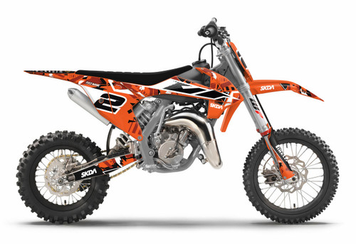 SHATTER Orange KTM Mini Bike Full Graphics Kit designed and manufactured by SKDA Moto Creative.