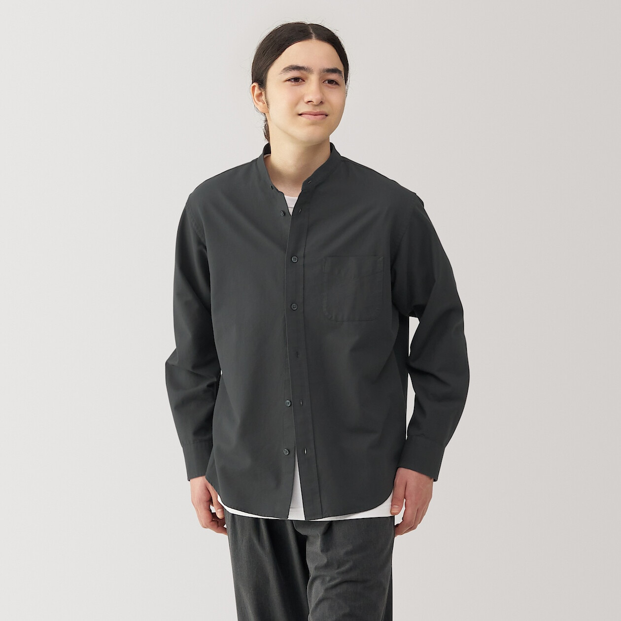 Men's Washed Oxford Stand Collar Long Sleeve Shirt | MUJI