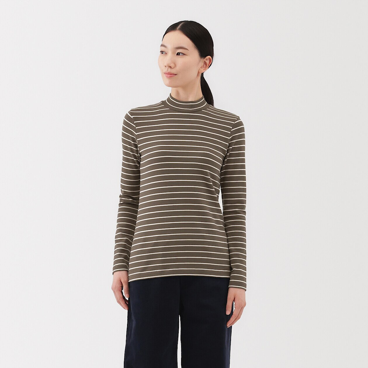 Women's Brushed Cotton Ribbed Mock Neck T‐shirt | MUJI