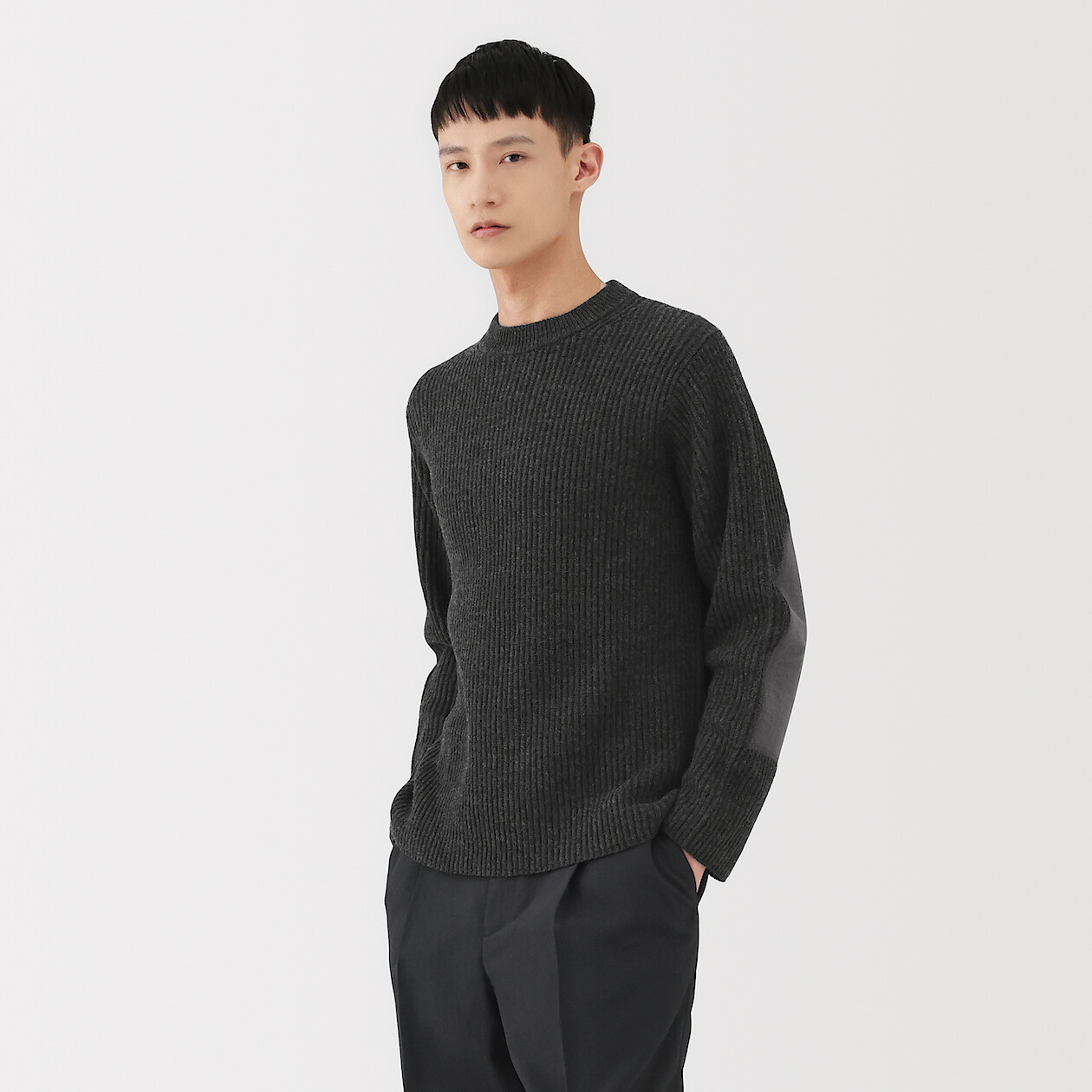 Men's Merino Wool Ribbed Elbow Patch Crew Neck Jumper MUJI