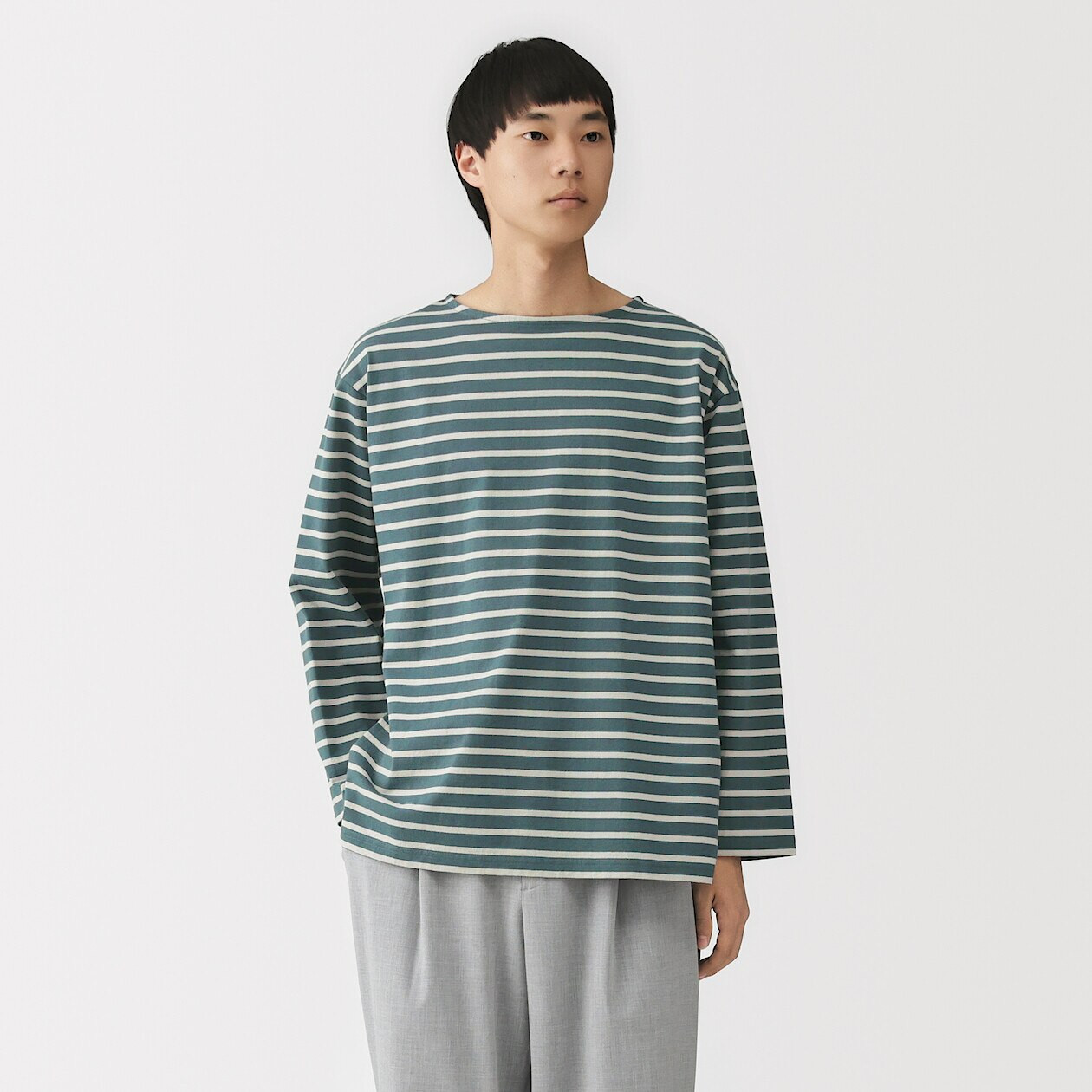 トップス yoshokobayashi Boat neck border T-shirt Men's Washed Thick Cotton Boat Neck Long Sleeve T-shirt | MUJI