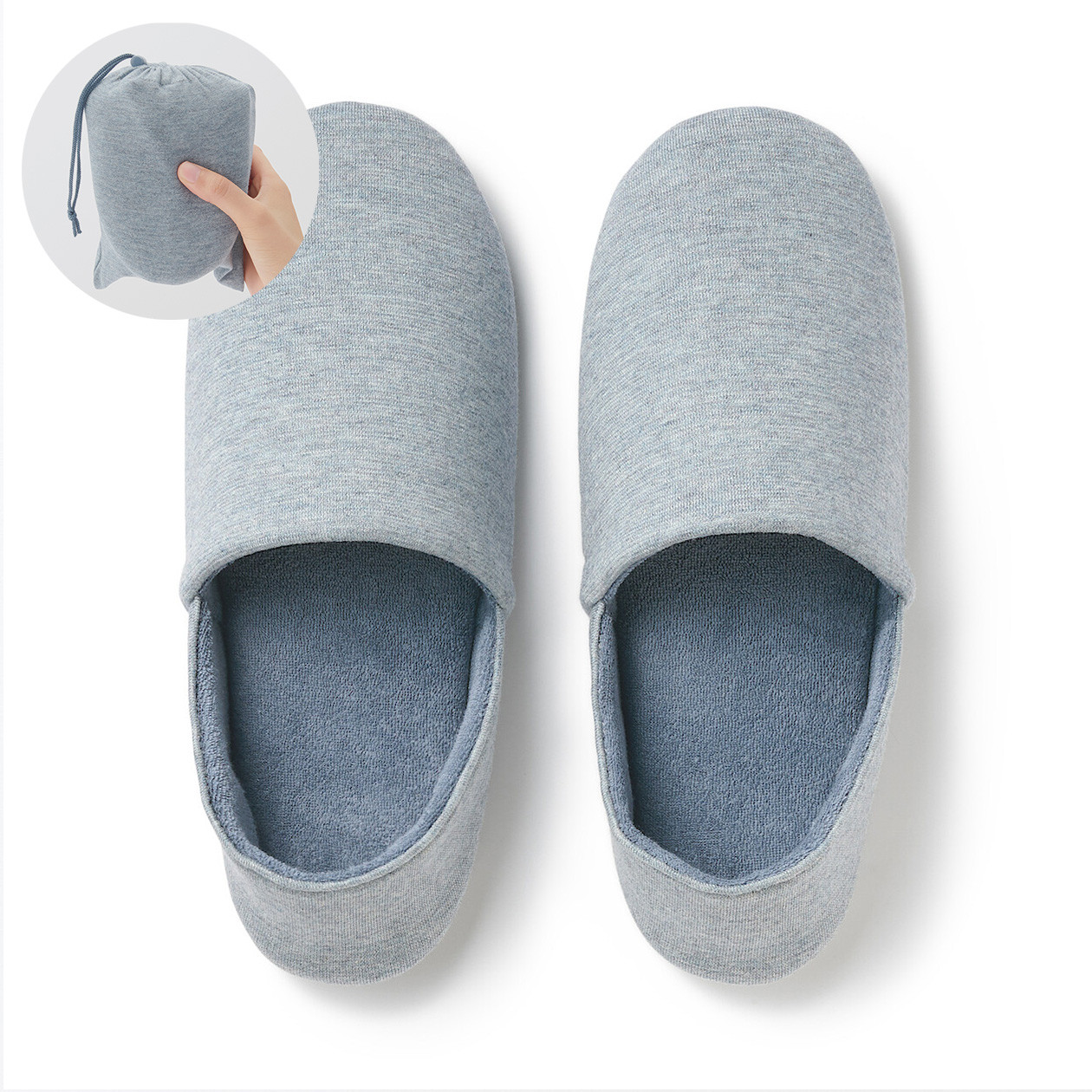 Cotton Pile Foldable Travel Slippers with Bag (Blue - M)