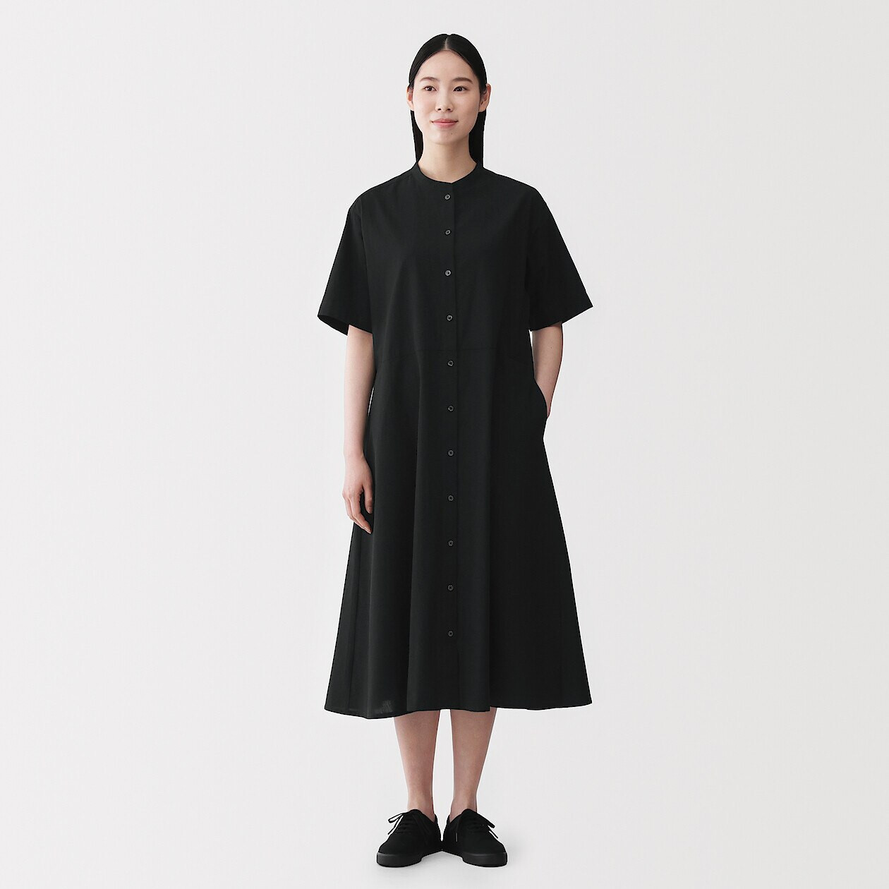 Women's Organic Cotton Cool Touch Stand Collar Shirt Dress | MUJI