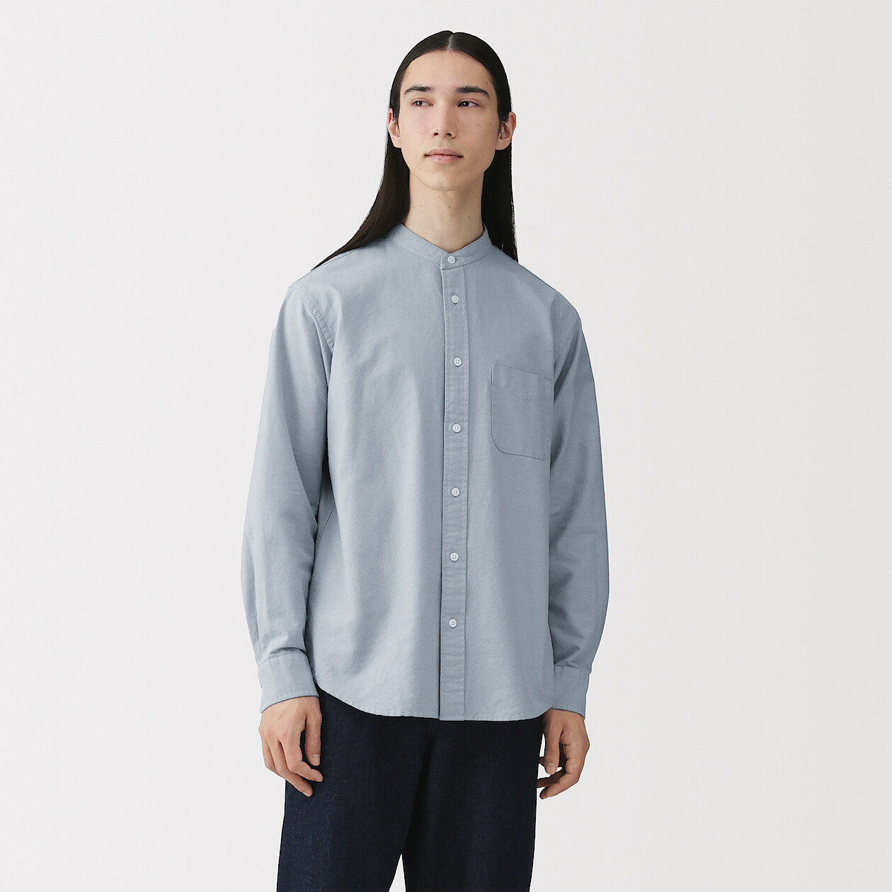 Men's Washed Oxford Stand Collar Long Sleeve Shirt | MUJI