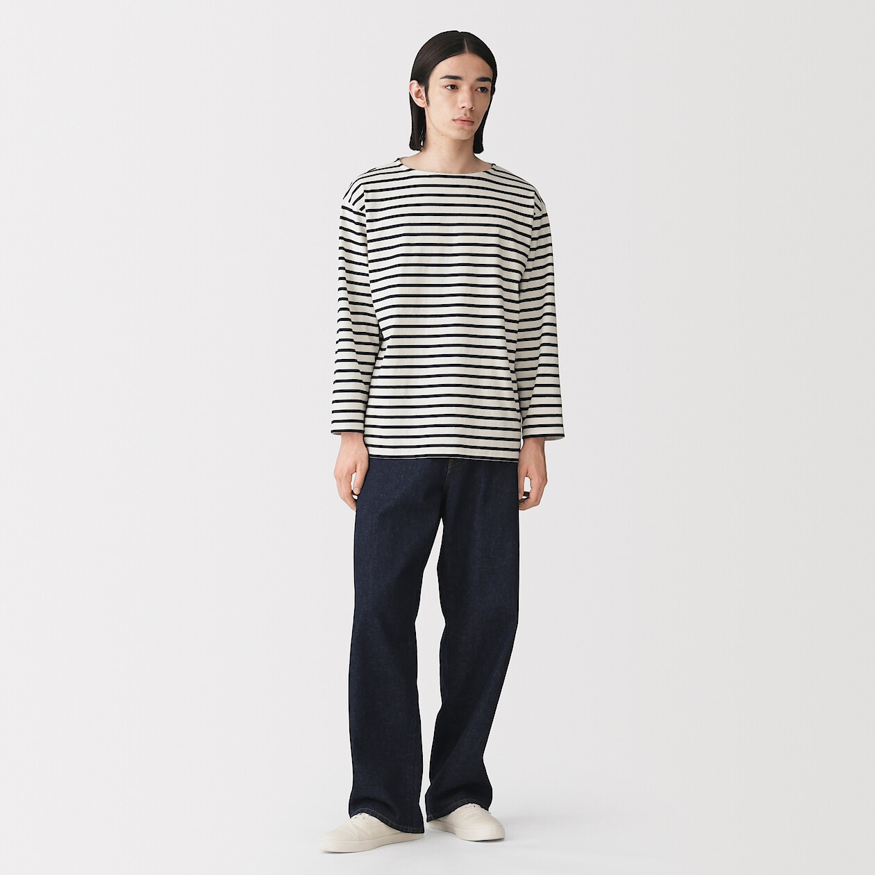 Men's Washed Thick Cotton Boat Neck Long Sleeve T-shirt | MUJI