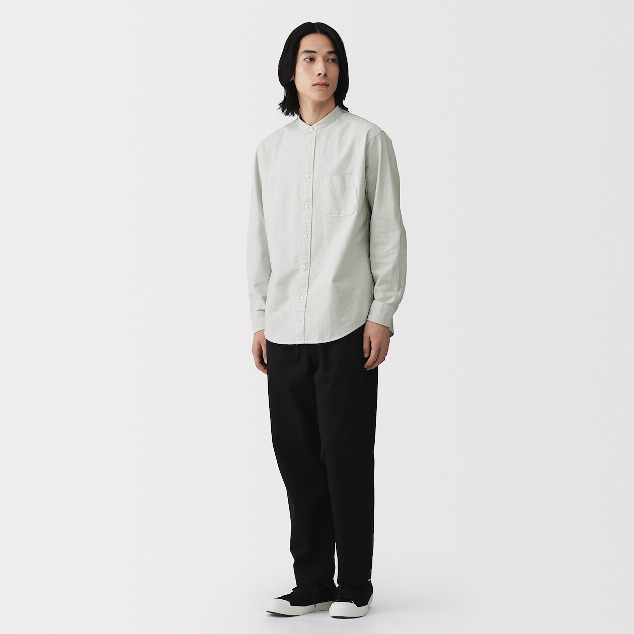 Men's Washed Oxford Stand Collar Long Sleeve Shirt | MUJI
