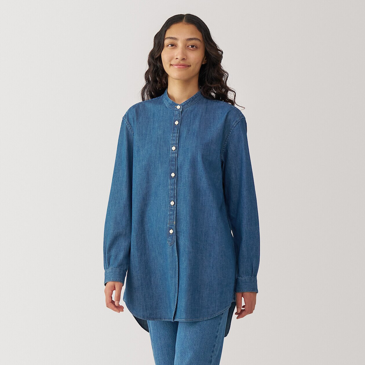 Women's Washed Denim Stand Collar Long Sleeve Shirt | MUJI