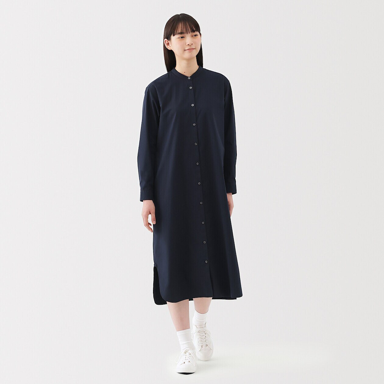 Women's Broad Cotton Stand Collar Shirt Dress | MUJI