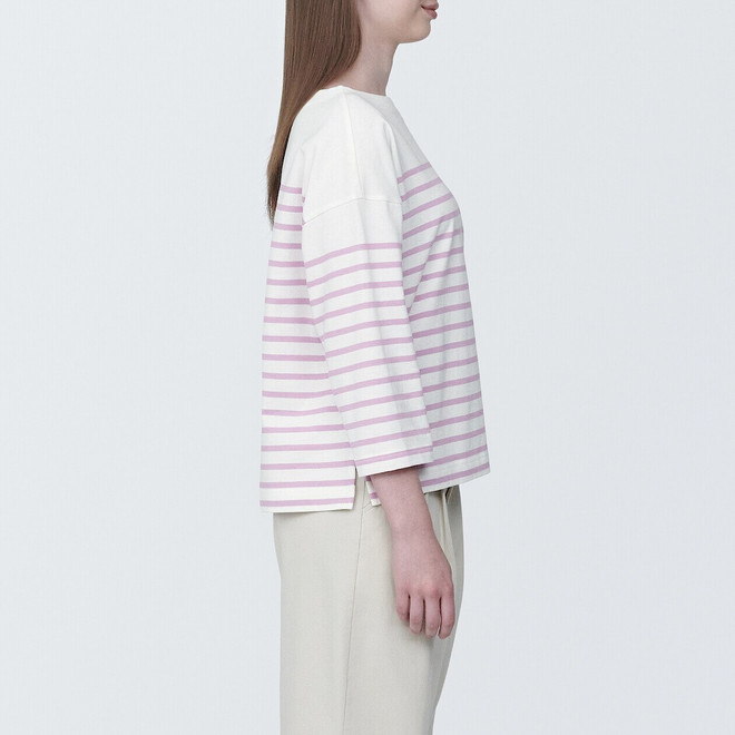Thick Cotton Boat Neck Long Sleeve T‐shirt‐ Stripe