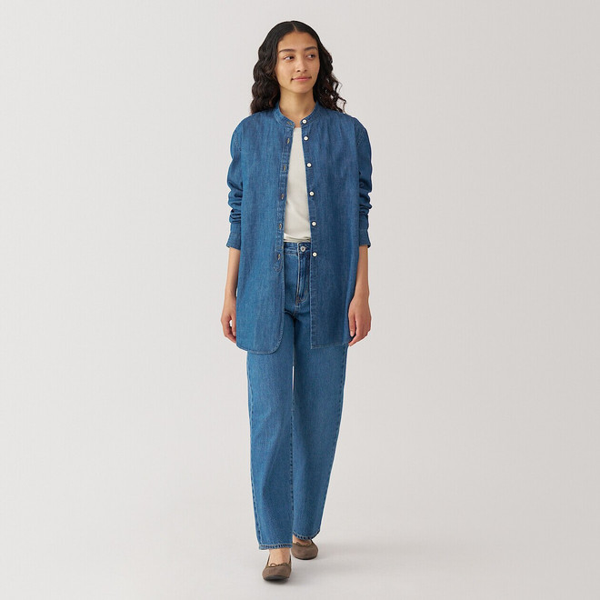 Women's Washed Denim Stand Collar Long Sleeve Shirt