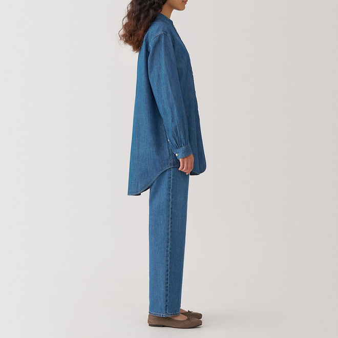 Women's Washed Denim Stand Collar Long Sleeve Shirt