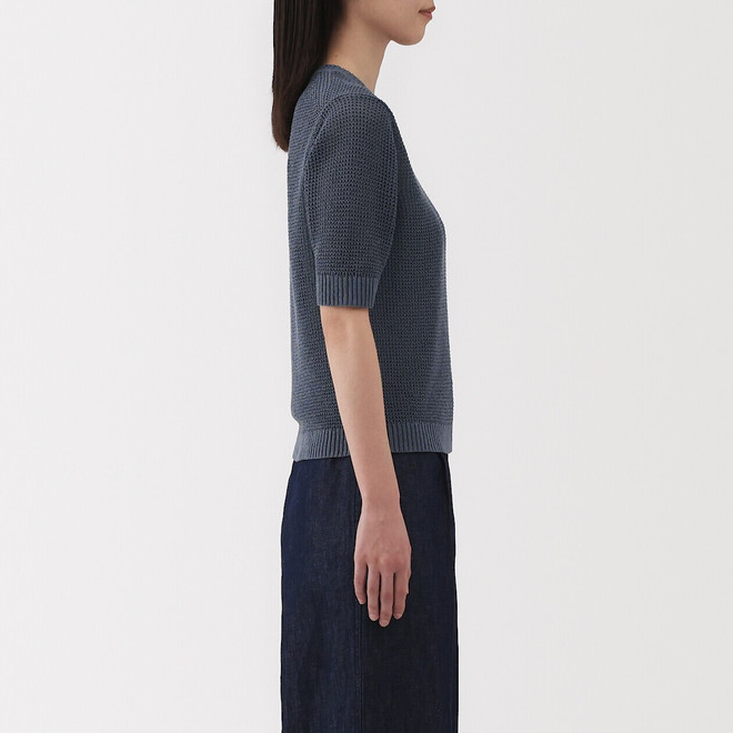 Women's Linen Blend Mesh Half Sleeve Crew Neck Jumper