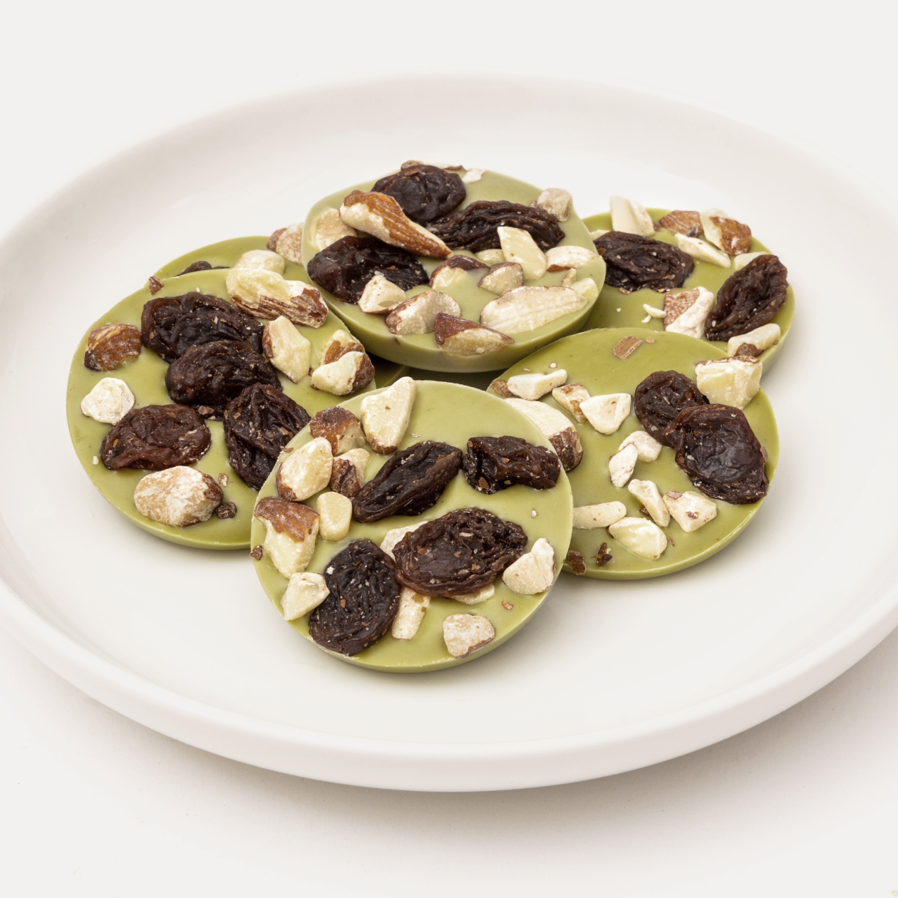 White Chocolates with Matcha, Almonds & Raisins