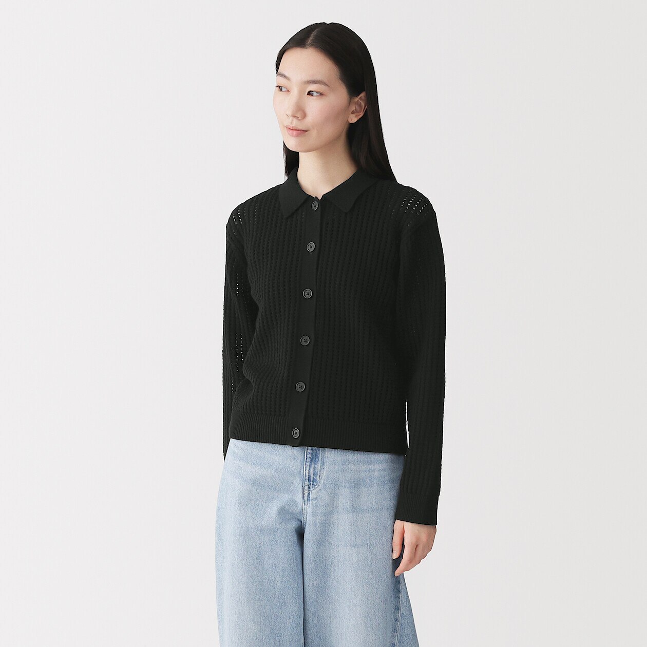 Women's Cotton Blend Knitted Mesh Collar Cardigan