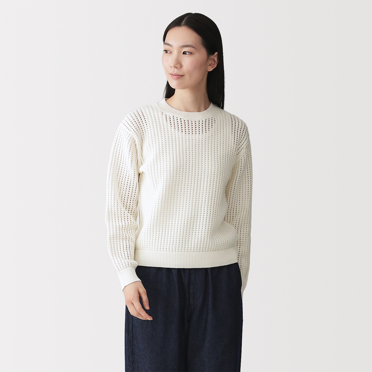 Women's Cotton Blend Knitted Mesh Crew Neck Jumper