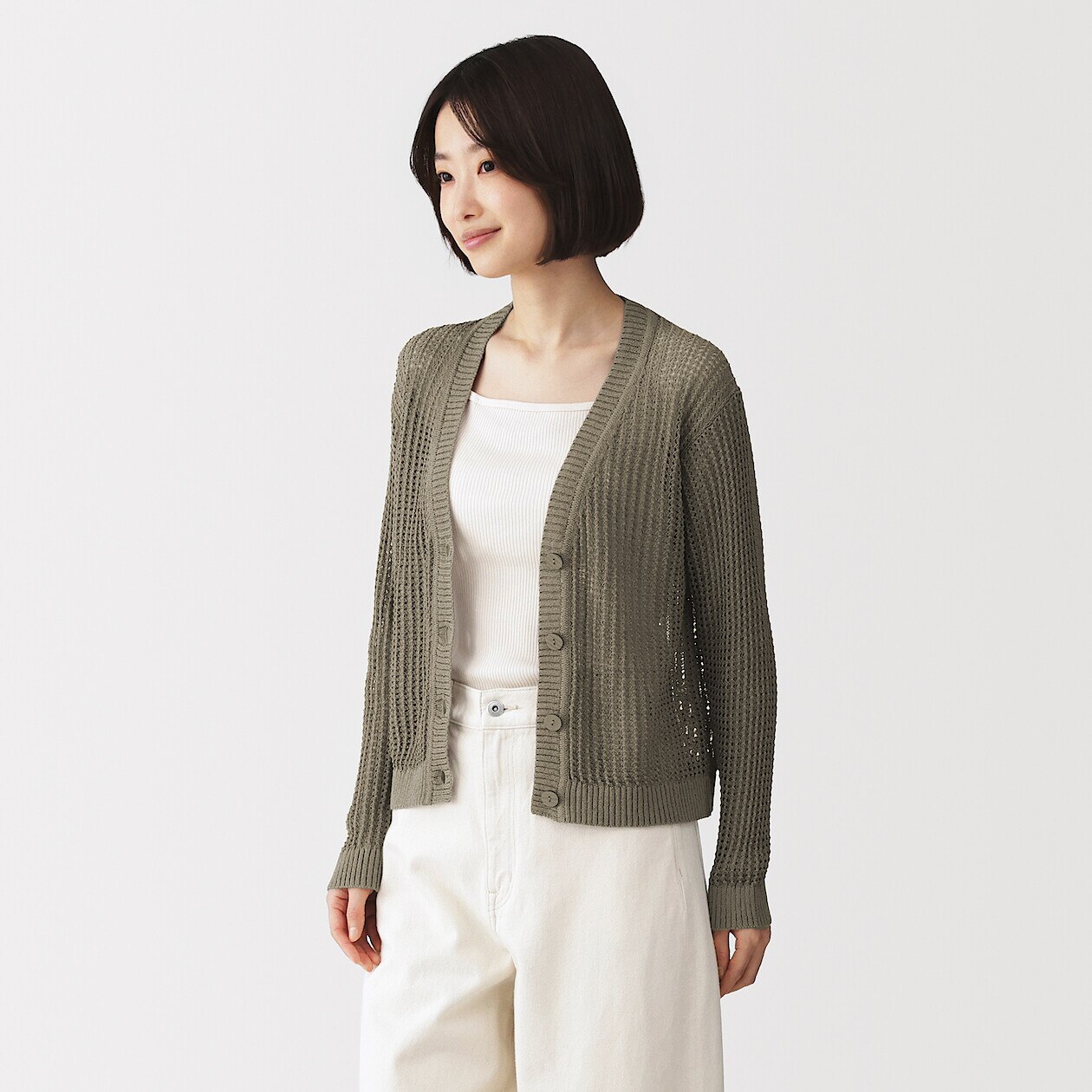 Women's Linen Blend Open Stitch V Neck Cardigan
