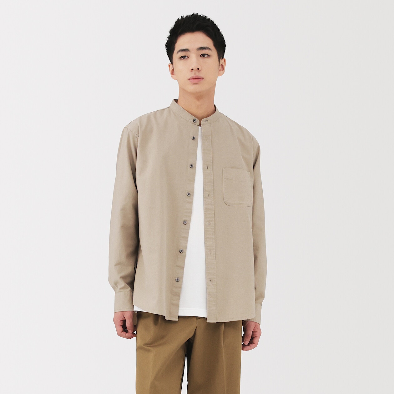 Men's Washed Oxford Stand Collar Long Sleeve Shirt