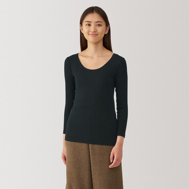 Muji Women's Off White | Warm Cotton U Neck Long Sleeve T‐Shirt L