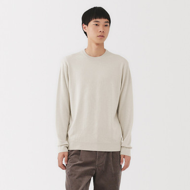 Muji Men's Ivory | Fine Knit Wool Crew Neck Jumper Xl