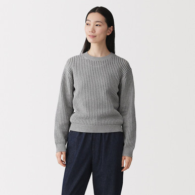 Muji Women's Off White | Cotton Blend Knitted Mesh Crew Neck Jumper Xl
