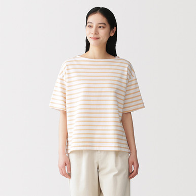 Muji Women's Light Orange Stripes | Thick Cotton Boat Neck Half Sleeve T-Shirt Xl