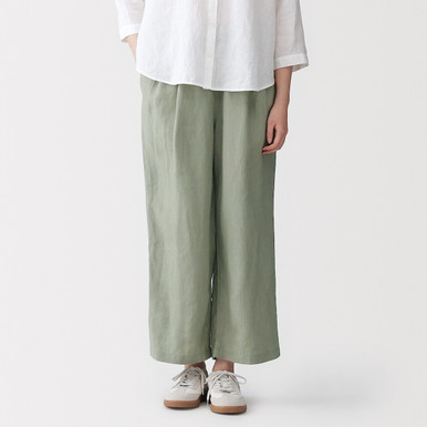 Muji Women's Smoky Green | Washed Linen Wide Leg Trousers Xl