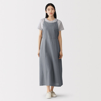 MUJI | Women's Hemp Blend Pinafore Dress Smoky Blue/Stripe