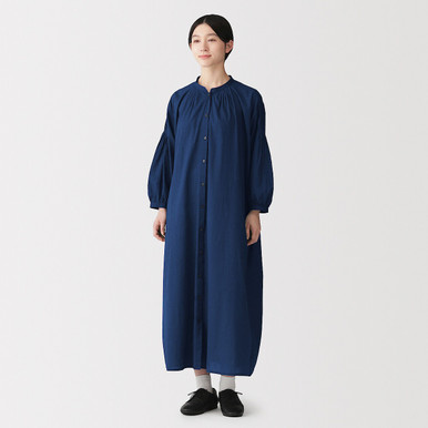 MUJI | Women's Organic Cotton Voile Pintuck 3/4 Sleeve Dress - Indigo