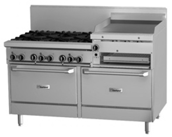 GARLAND GF60-6R24RR Restaurant Series Gas 6 Open Top Burners 600mm, Griddle, Salamander & 2 Standard Ovens .