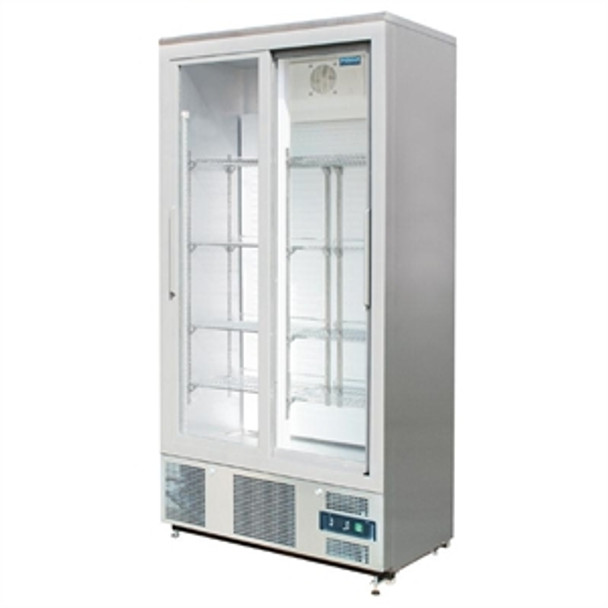 POLAR - CK478 - STAINLESS STEEL TWO SLIDING GLASS  DOORS FRIDGE - 490 LITRE.