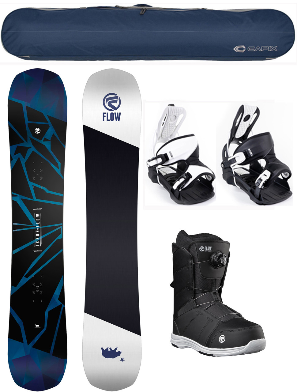 Flow Burst Snowboard Package Flow Bindings BOA Boots BAG