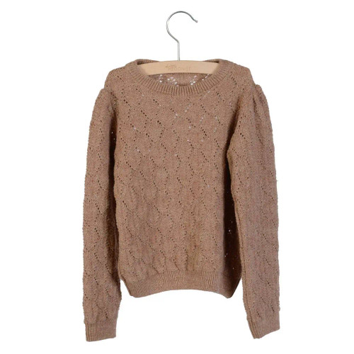 Little Hedonist light brown knitted woolblend sweater with wrinkled puff sleeves.