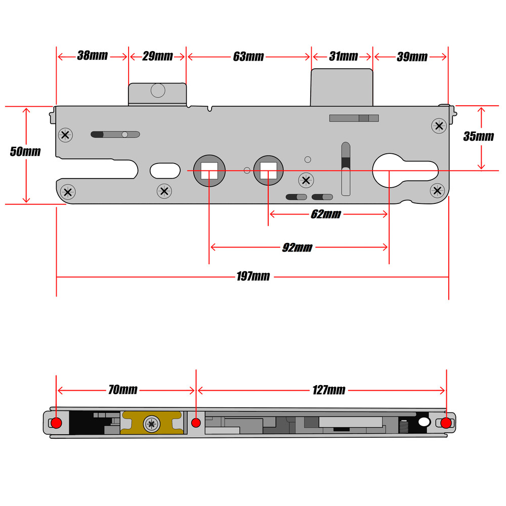 Roto Double Spindle Replacement Door Lock Gearbox Centre Case 35mm Technical Details