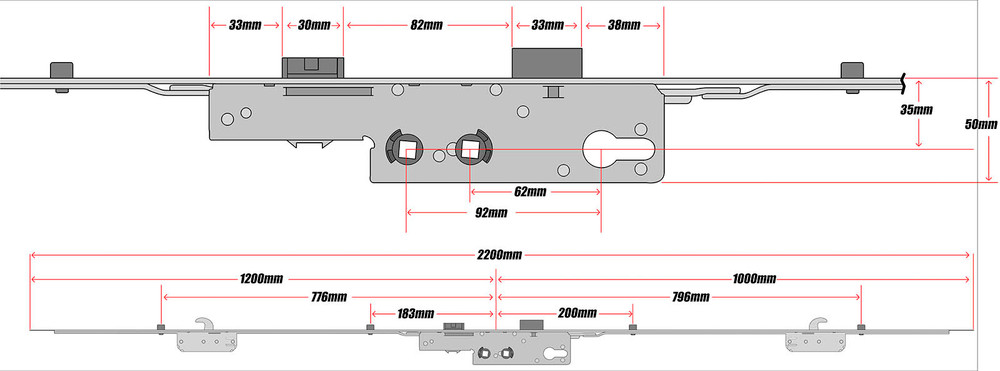 Avocet 2 Hook 4 Roller Multipoint Door Lock Mechanism 35mm Trivalent Technical Details