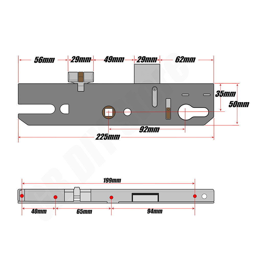 Maco Old Style 2 Hook 2 Roller Multipoint Door Lock 35mm Technical