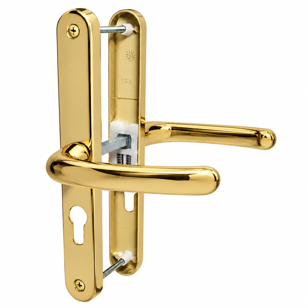 Gold TSS sprung uPVC door handle with 48mm PZ and 215mm fixing centres