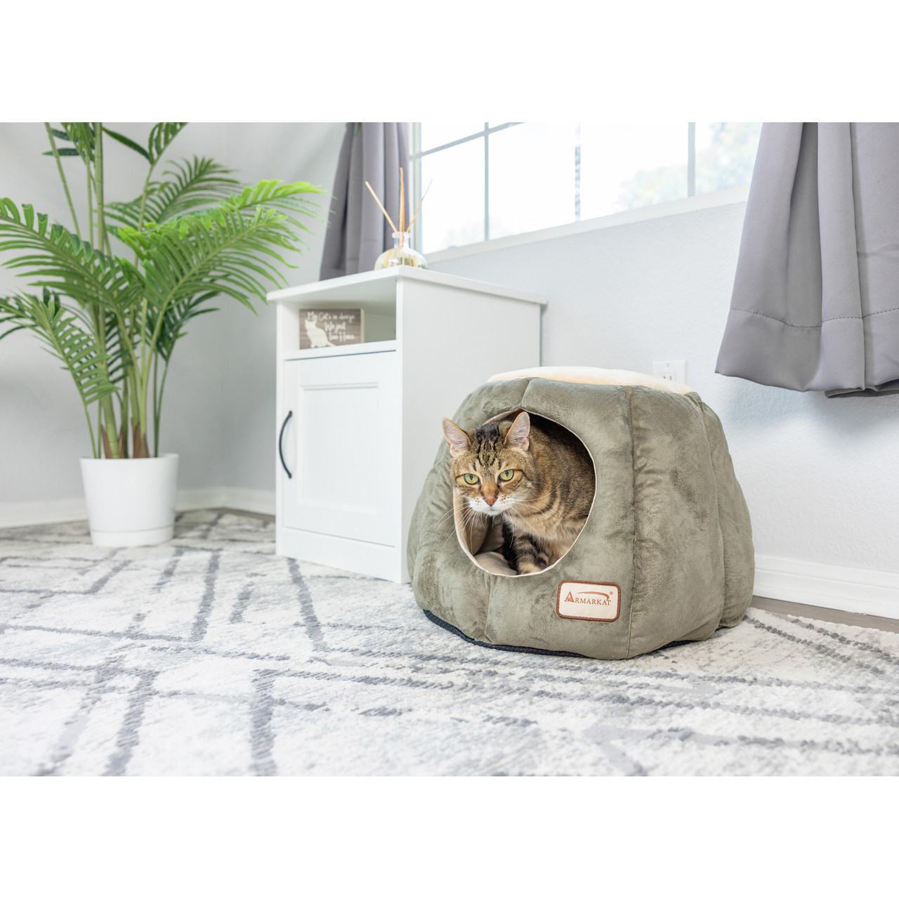Covered Cat Bed, Laurel Green & Beige | Kitten Cave Bed | Armarkat
