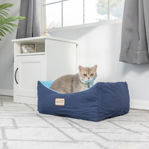 Bolster Cat Bed — Navy & Sky Blue, Waterproof Lining