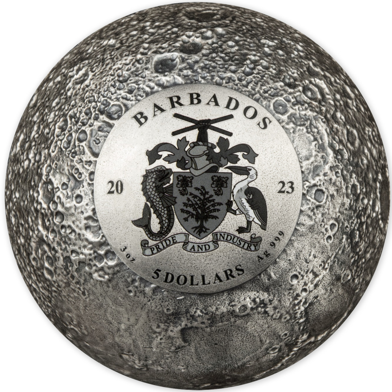 Moon spherical 3d planet 3 oz silver coin $5 barbados 2023 MOON SPHERICAL 3D Planet 3 oz Silver Coin $5 Barbados 2023