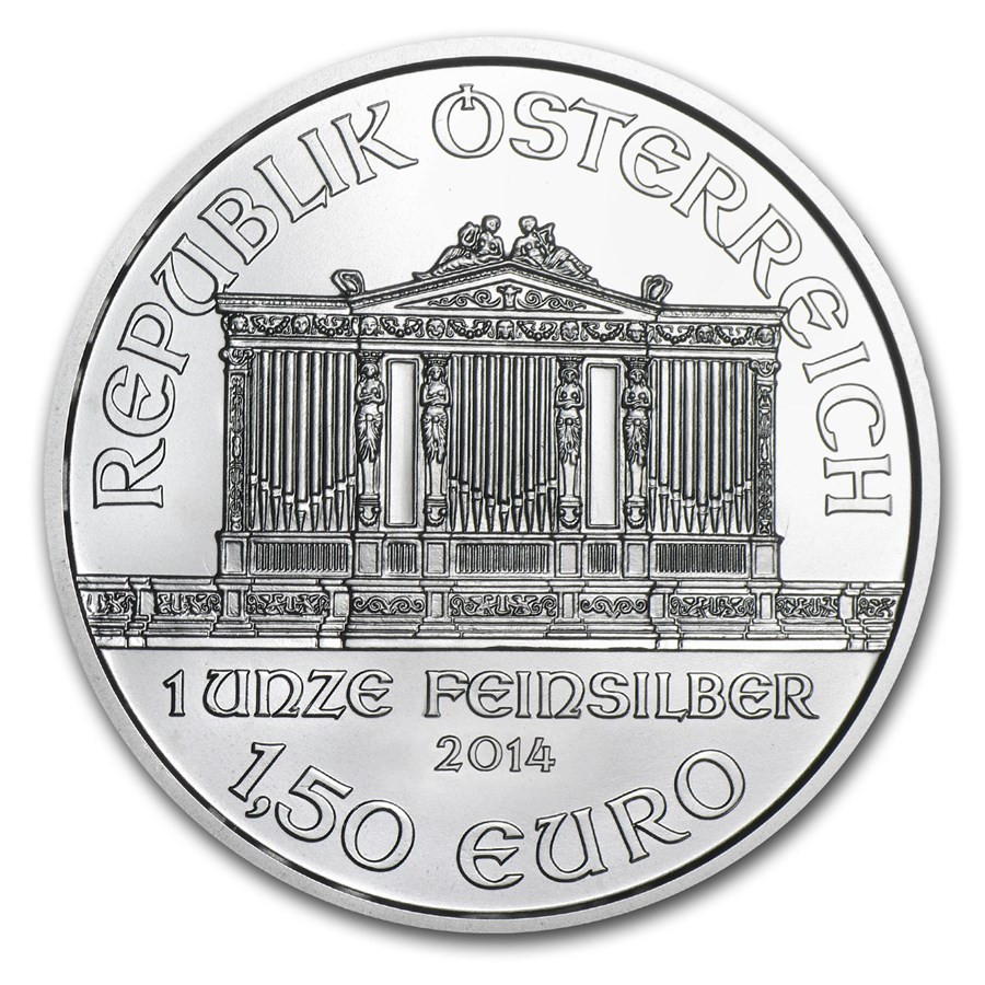 2014 Austrian Philharmonic 1.50 € Euro 1 Troy oz Silver BU Coin