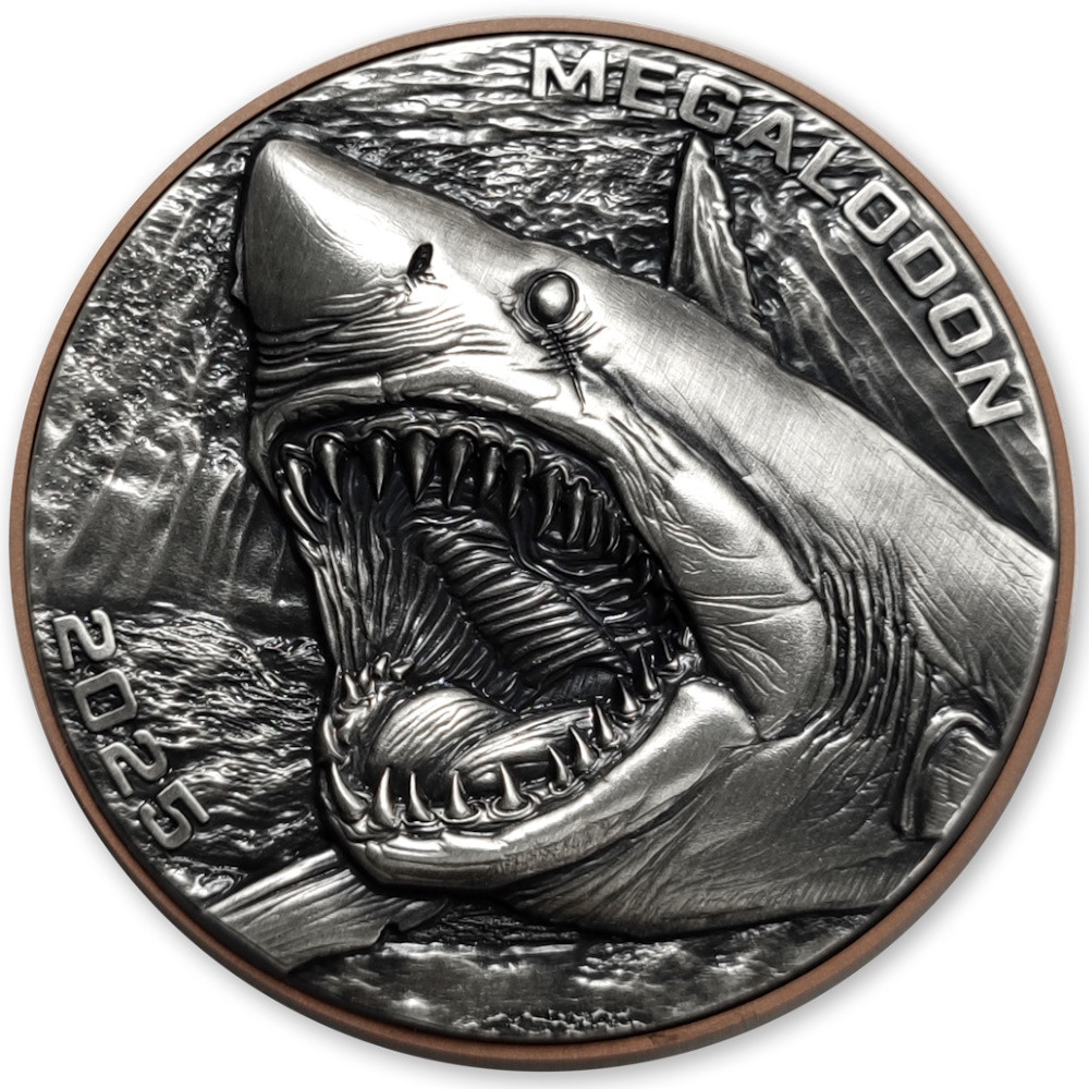 Double Silver Giant: Megalodon High Relief Coin Close Up