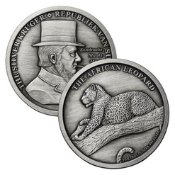The KRUGER LEOPARD 5 oz Silver Antique finish round with Serial Number The KRUGER LEOPARD 5 oz Silver Antique finish round with Serial Number