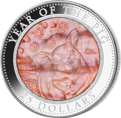 PIG Mother of Pearl Lunar Year Series 5 Oz Silver Coin 25$ Cook Islands 2019