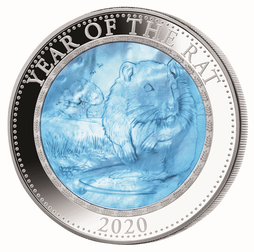 RAT Mother of Pearl Lunar Year 5 Oz Silver Coin 25$ Cook Islands 2020