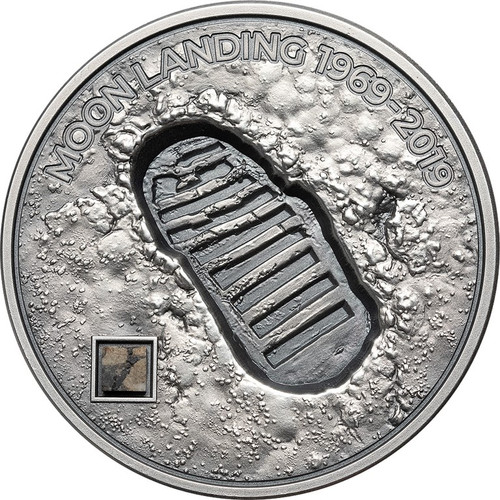 MOON LANDING Footprint Meteorite 1 Oz Silver Coin Cook Islands 2019 MOON LANDING Footprint Meteorite 1 Oz Silver Coin Cook Islands 2019