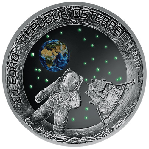 MOON LANDING 50th Ann. Glow-in-dark Silver Coin 20€ Euro Austria 2019